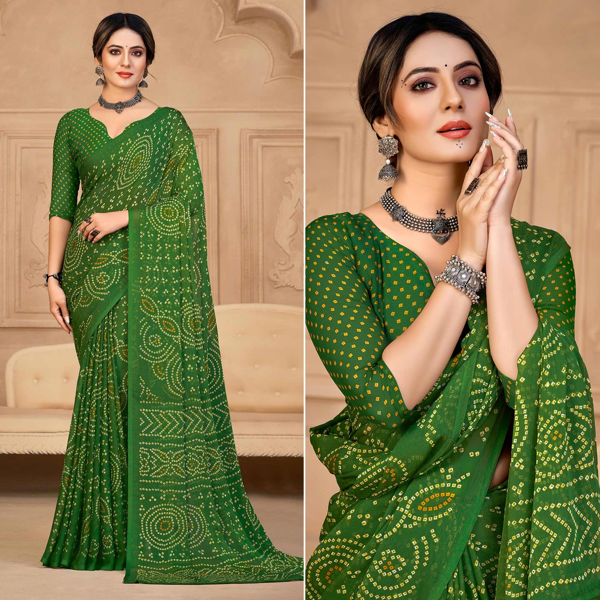 green-bandhani-printed-chiffon-saree-4