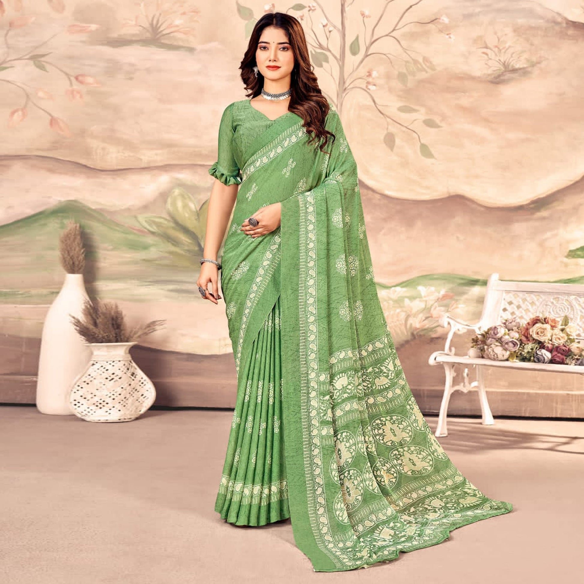 green-floral-printed-chiffon-saree-10