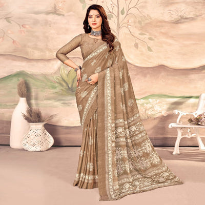 Chikoo Floral Printed Chiffon Saree