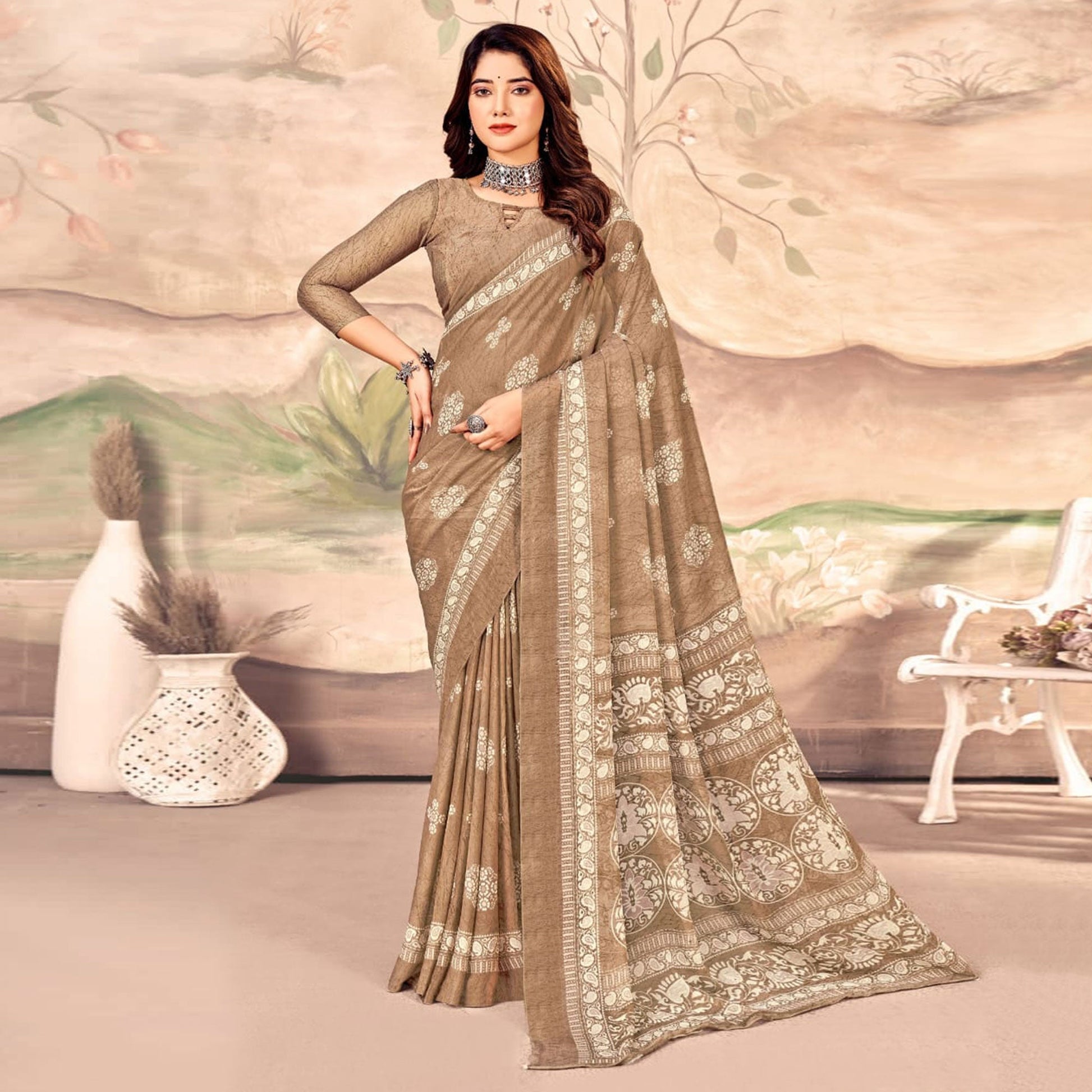 Chikoo Floral Printed Chiffon Saree