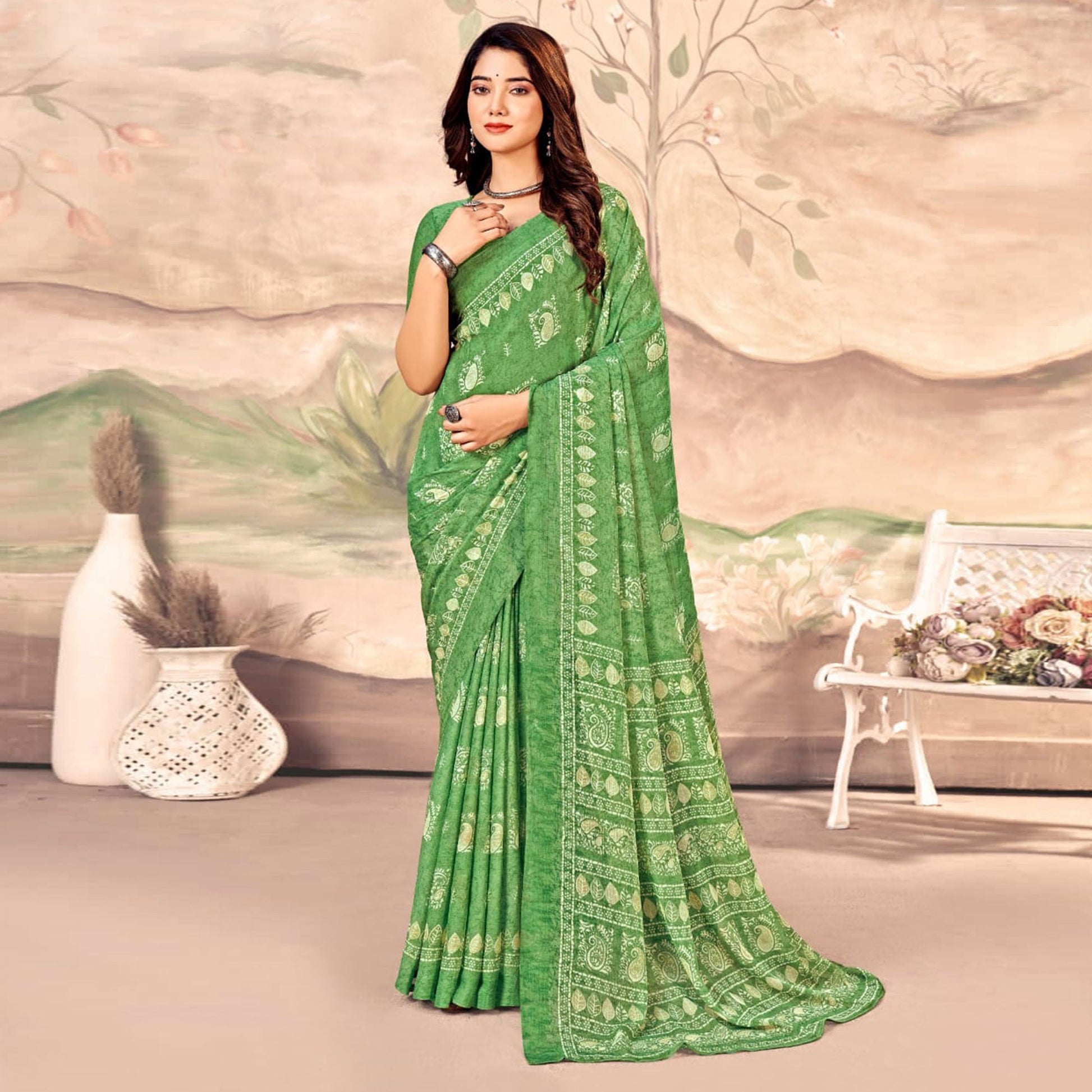 green-floral-printed-chiffon-saree-11