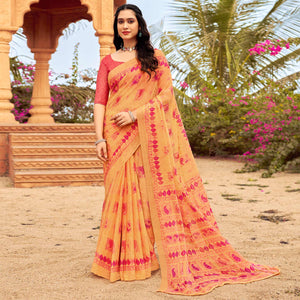 Light Orange Printed Chiffon Saree