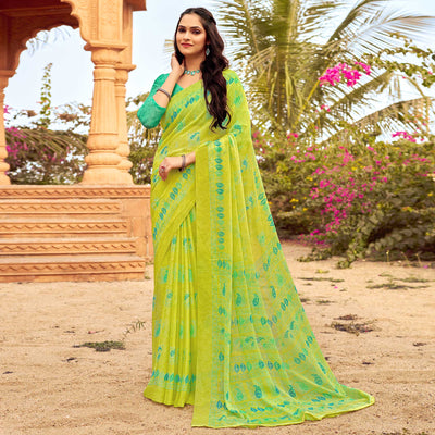 Lemon Green Printed Chiffon Saree