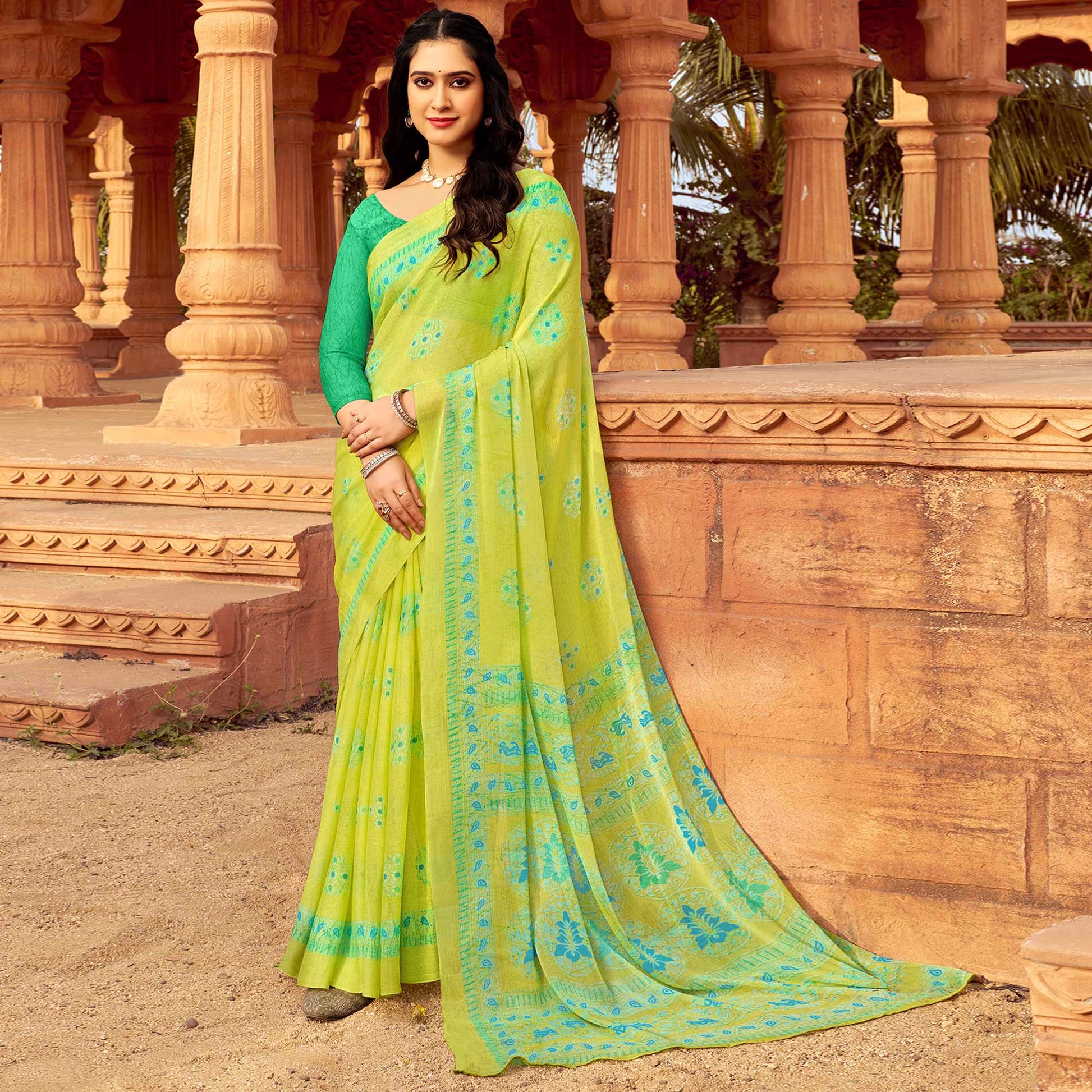 Lemon Green Floral Printed Chiffon Saree