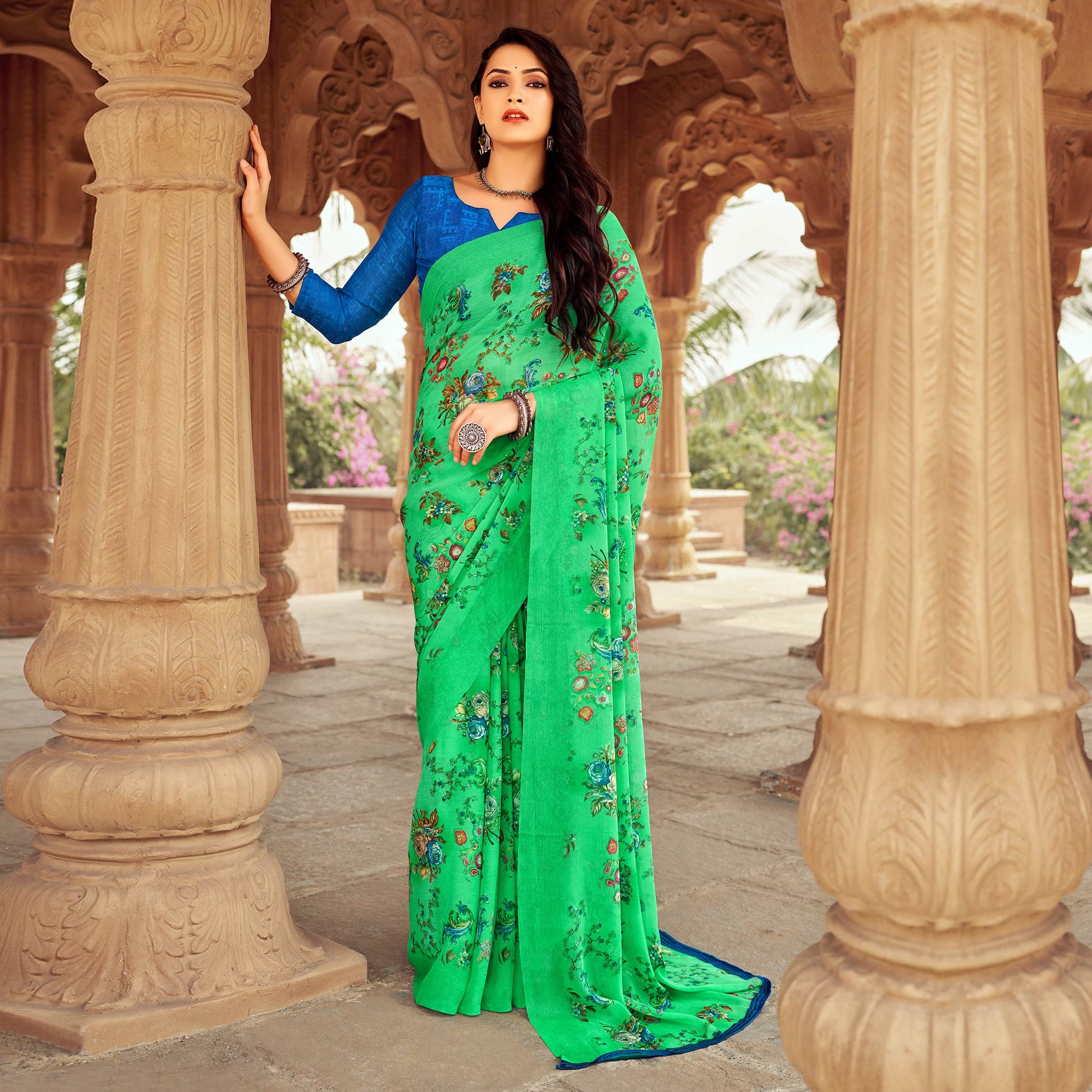 green-floral-printed-chiffon-saree-8