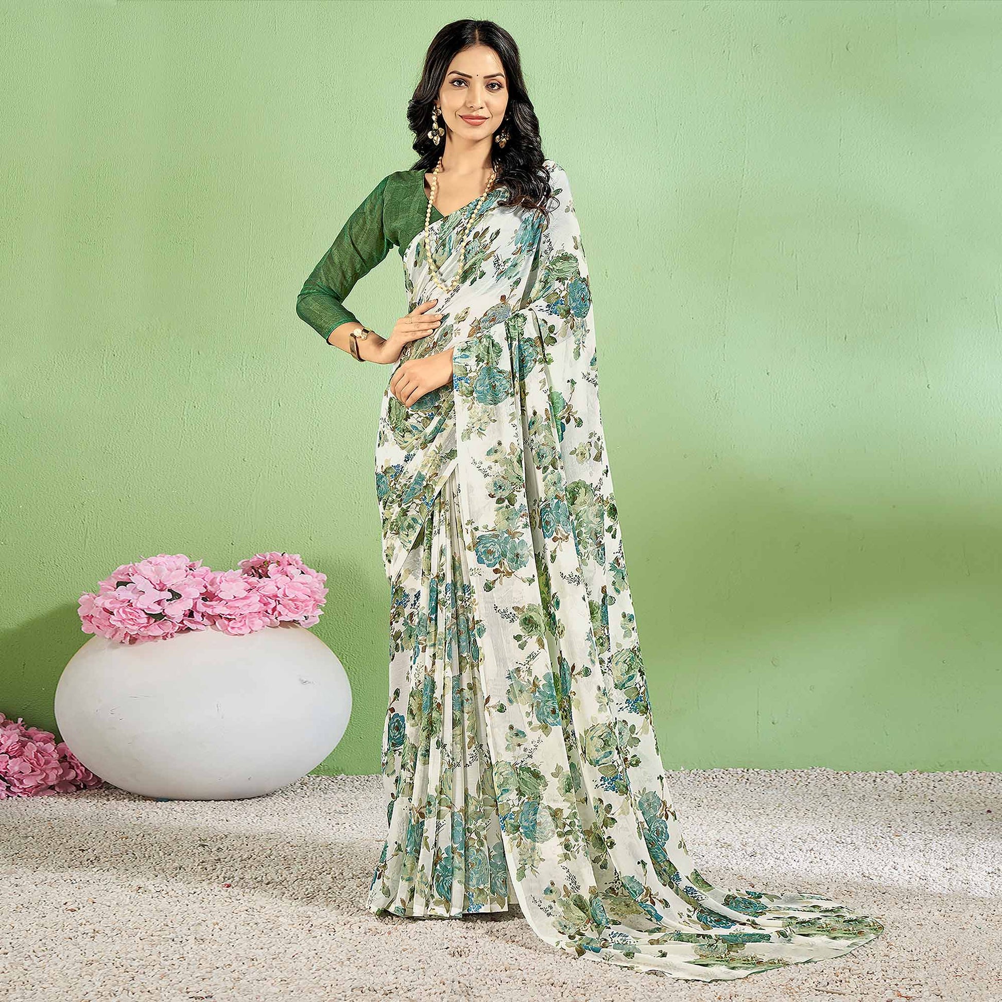 green-floral-printed-chiffon-saree-7