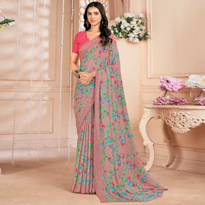 Mauve Floral Printed Chiffon Saree