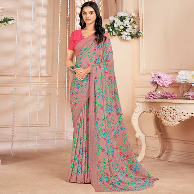 Mauve Floral Printed Chiffon Saree