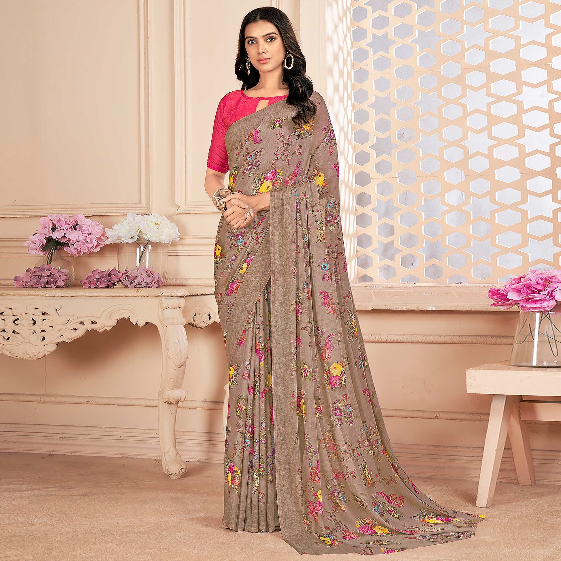 Brown Floral Printed Chiffon Saree