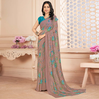 Dust Rose Pink Floral Printed Chiffon Saree