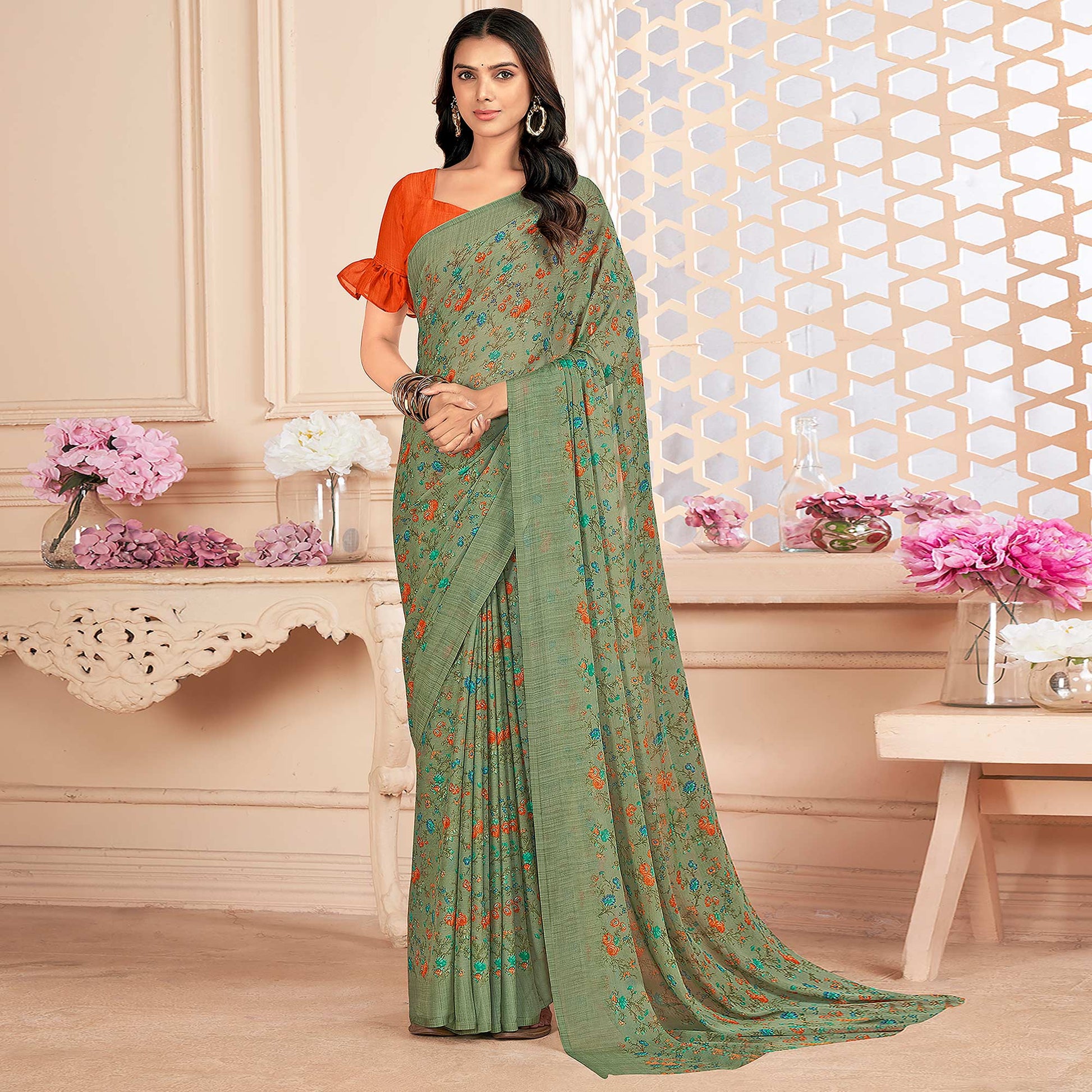 green-floral-printed-chiffon-saree-15