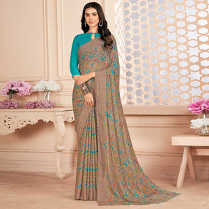 Dusty Brown Floral Printed Chiffon Saree