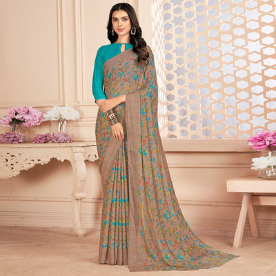 Dusty Brown Floral Printed Chiffon Saree