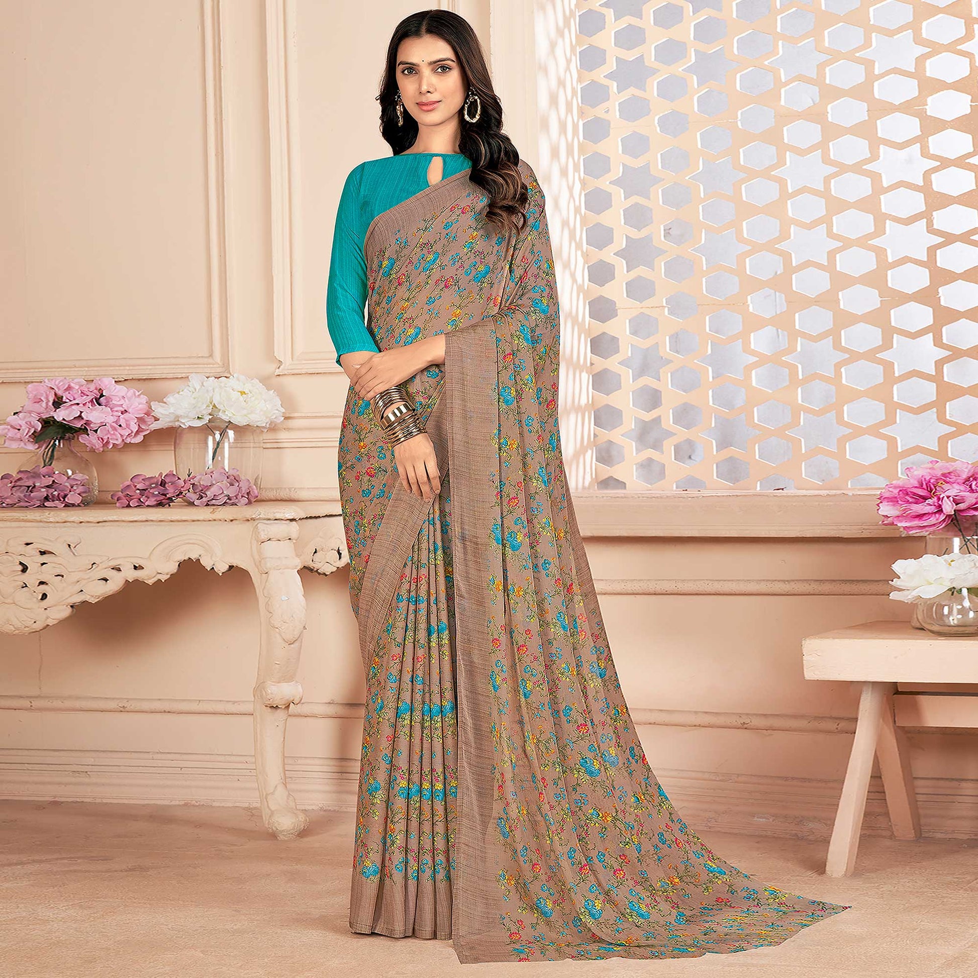 Dusty Brown Floral Printed Chiffon Saree