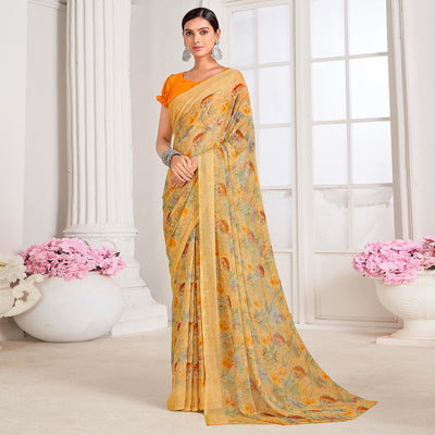 Light Yellow Floral Printed Chiffon Saree
