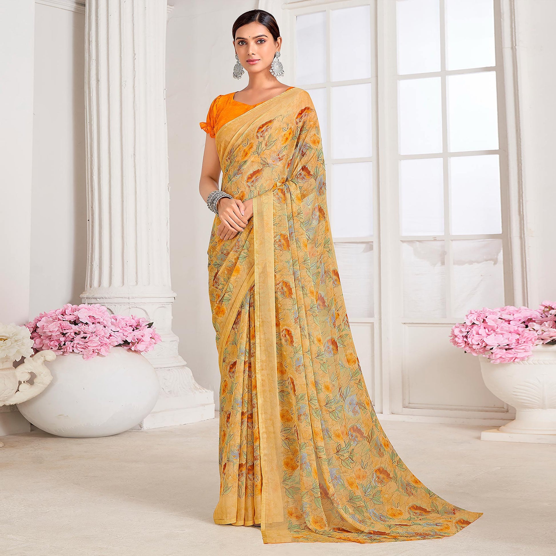 Light Yellow Floral Printed Chiffon Saree