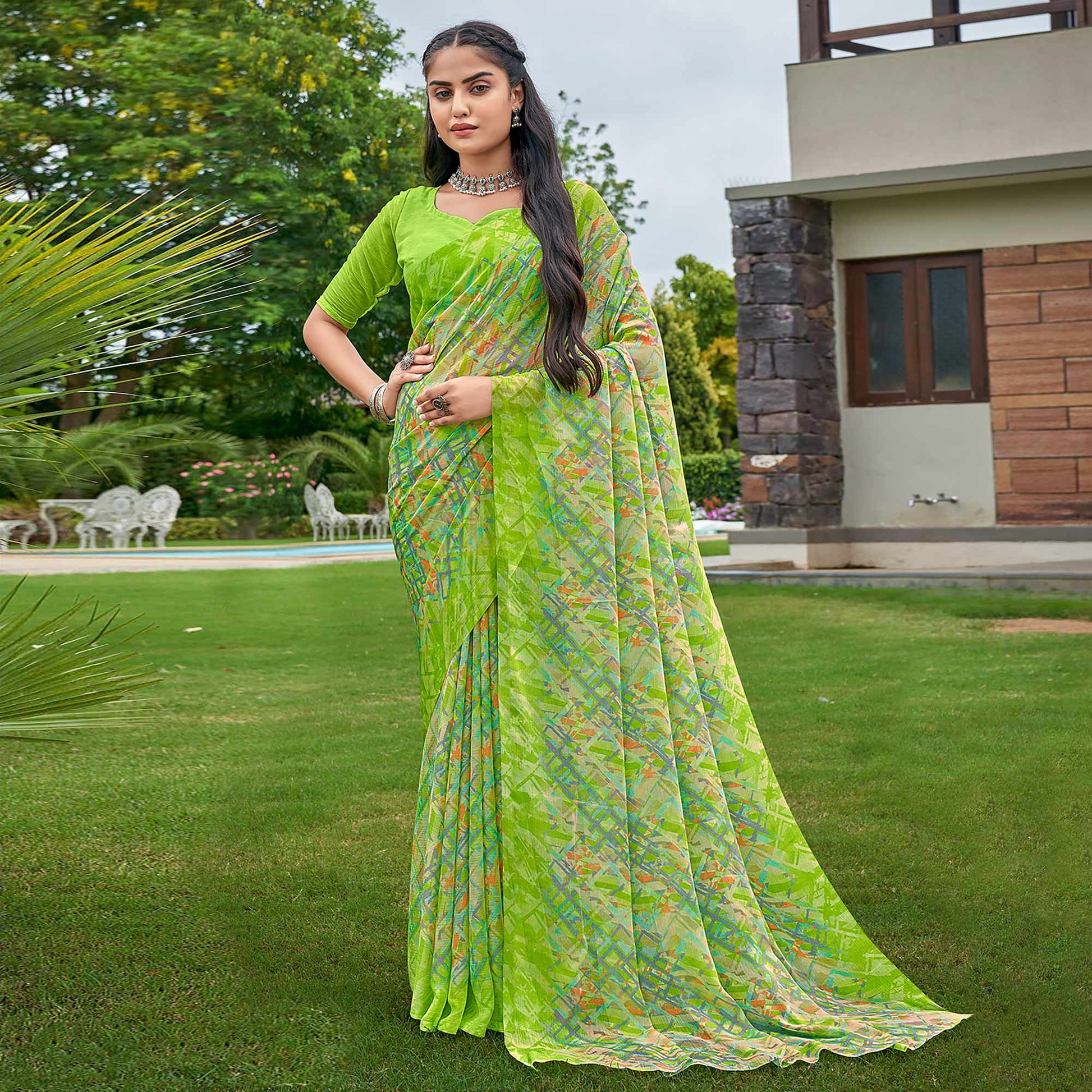green-geometric-printed-chiffon-saree