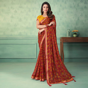 Maroon Floral Printed Chifon Saree With Lace Border