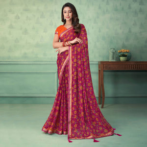 Magenta Pink Floral Printed Chiffon Saree With Lace Border