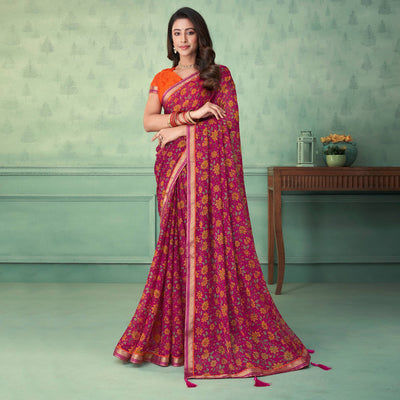 Magenta Pink Floral Printed Chiffon Saree With Lace Border