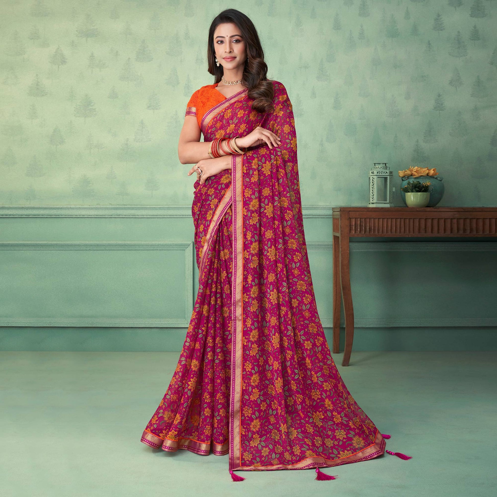 Magenta Pink Floral Printed Chiffon Saree With Lace Border