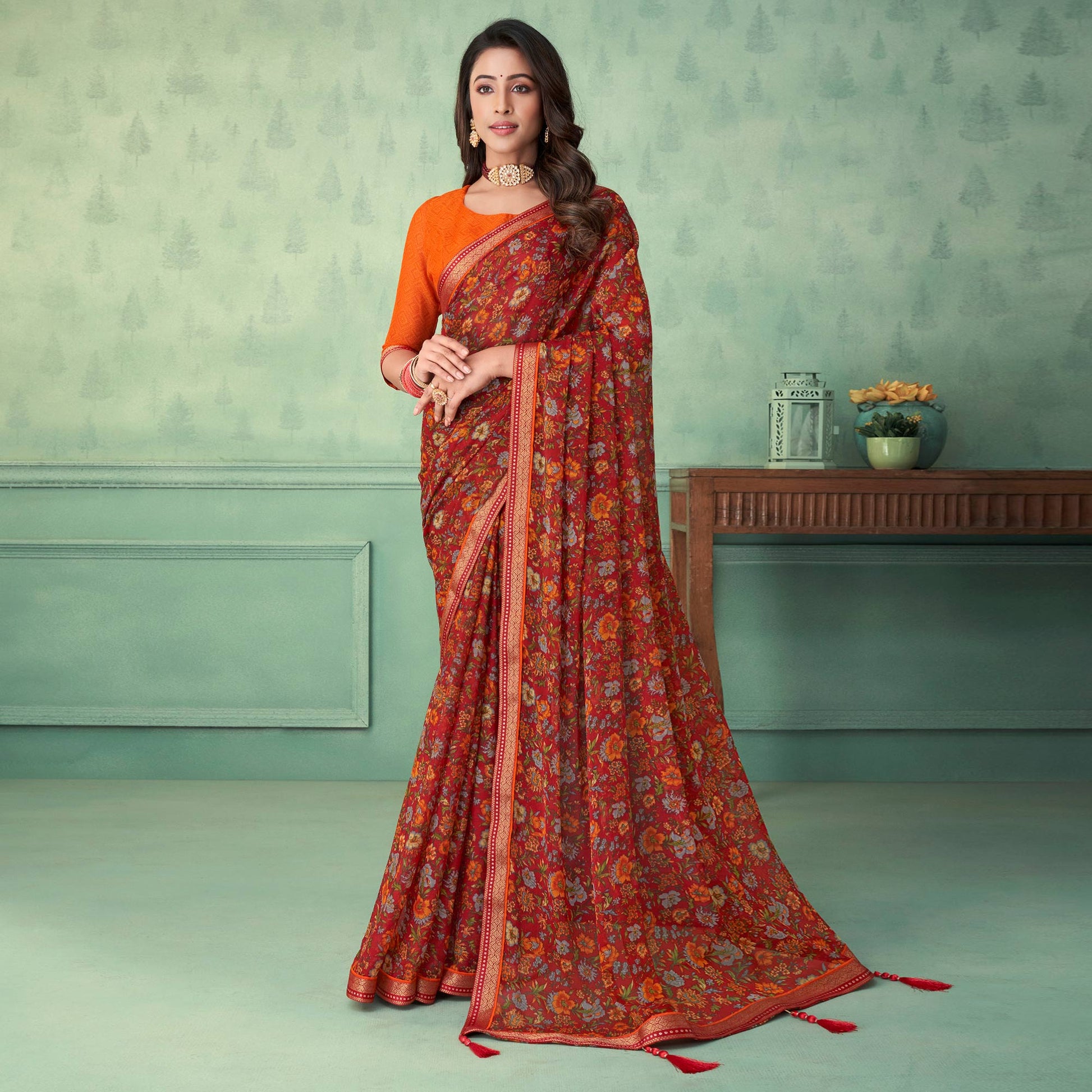 Maroon Floral Printed Chiffon Saree With Lace Border
