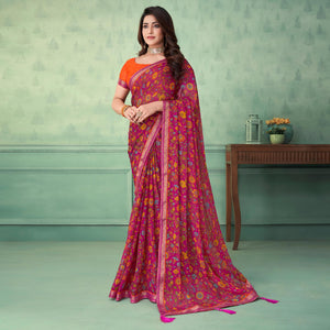 Magenta Pink Floral Printed Chifon Saree With Lace Border