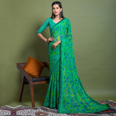 green-geometric-printed-chiffon-saree-4
