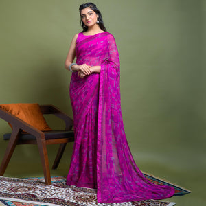 Magenta Geometric Printed Chiffon Saree