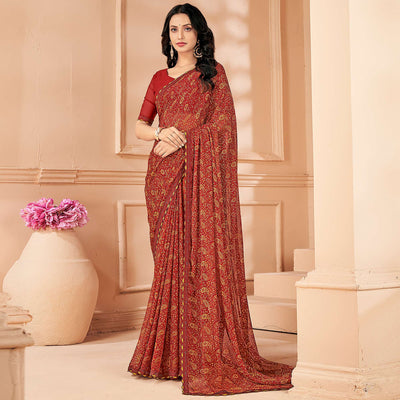 Maroon Printed Chiffon Saree With Lace Border