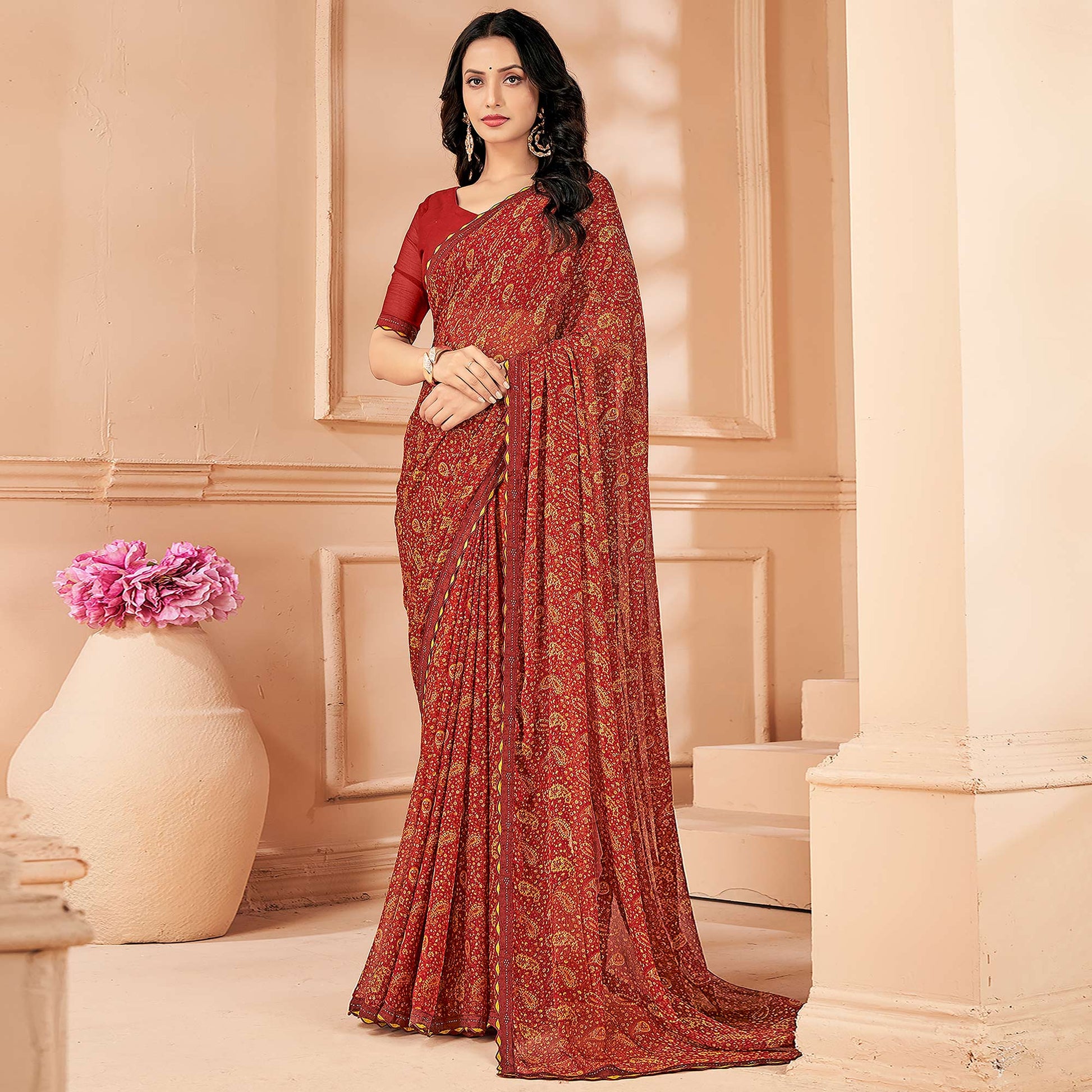 Maroon Printed Chiffon Saree With Lace Border
