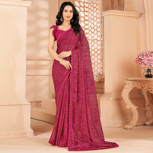 Magenta Printed Chiffon Saree With Lace Border