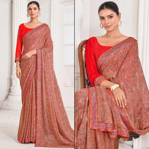 Brick Red Geometric Printed Chiffon Saree With Lace Border