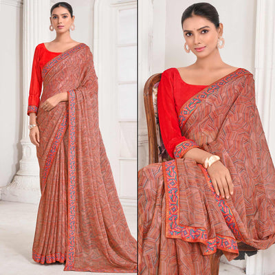Brick Red Geometric Printed Chiffon Saree With Lace Border