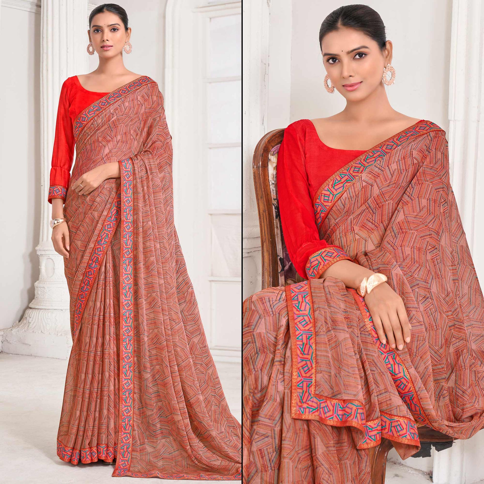 Brick Red Geometric Printed Chiffon Saree With Lace Border