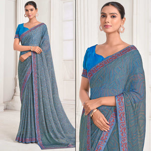 Bluish Grey Geometric Printed Chiffon Saree With Lace Border