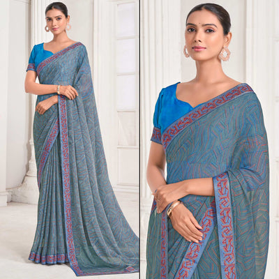 Bluish Grey Geometric Printed Chiffon Saree With Lace Border