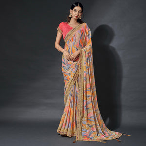Chikoo Printed Chiffon Saree With Lace Border