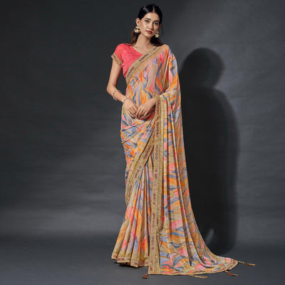Chikoo Printed Chiffon Saree With Lace Border