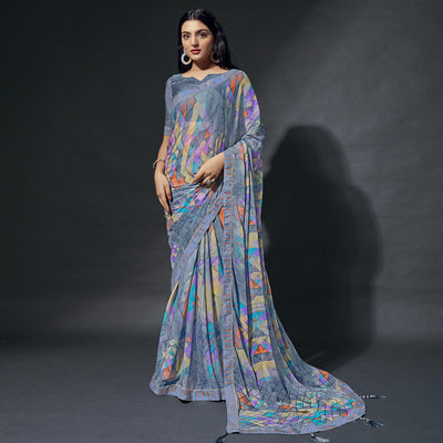 Grey Printed Chiffon Saree With Lace Border