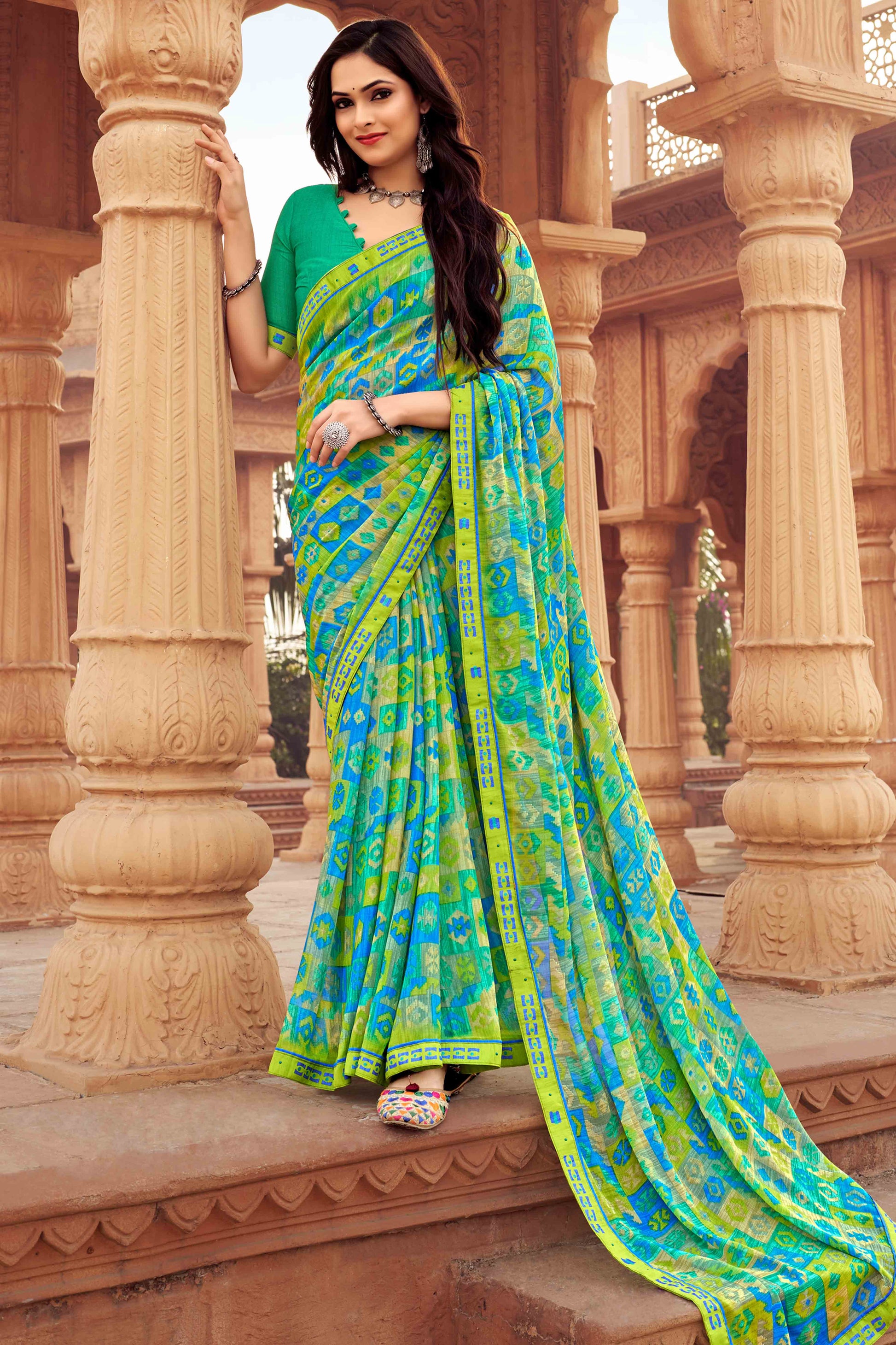 green-abstract-printed-chiffon-saree-1