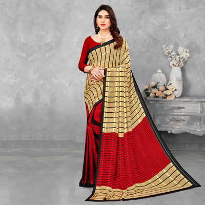 Cream & Red Striped Printed Georgette Saree