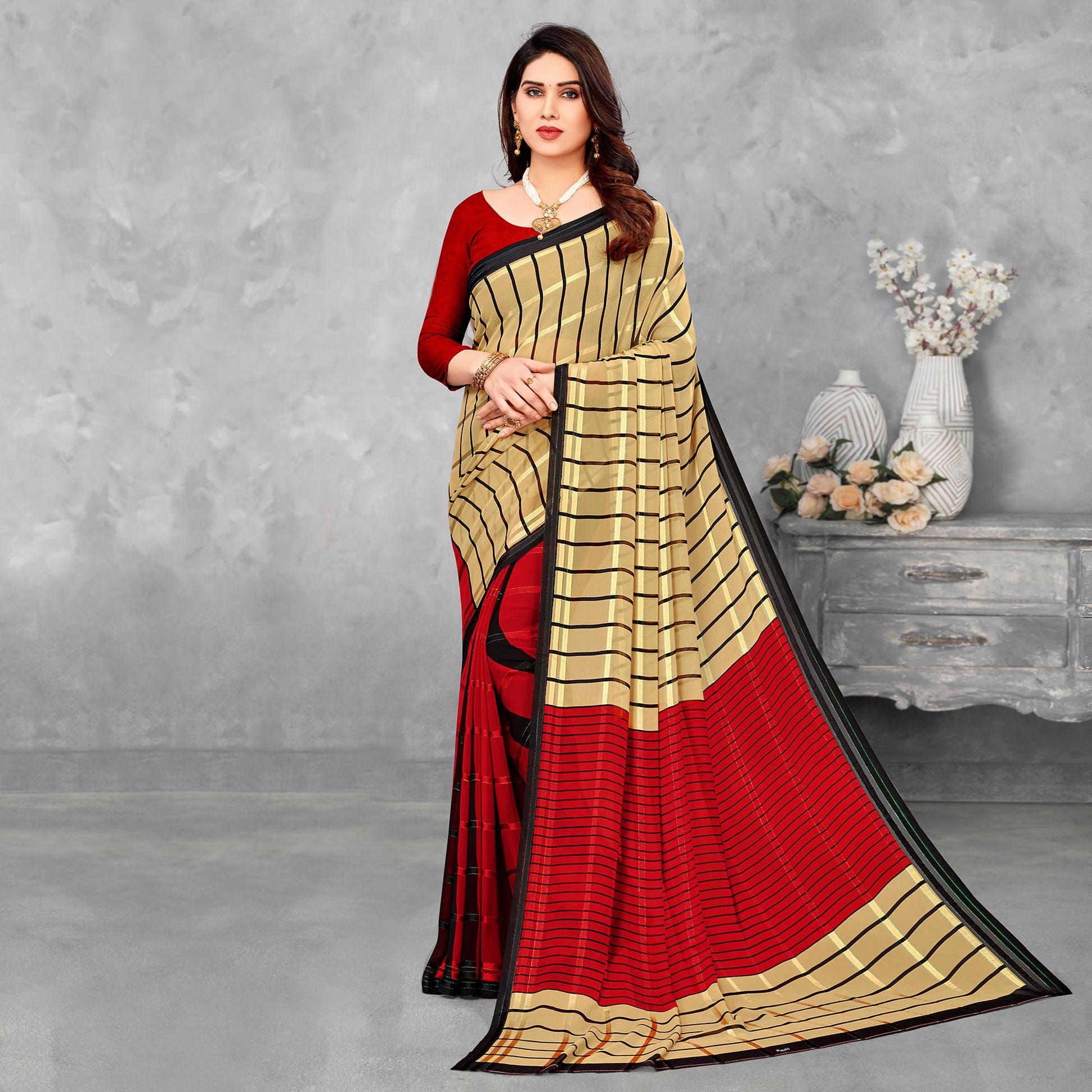 Cream & Red Striped Printed Georgette Saree