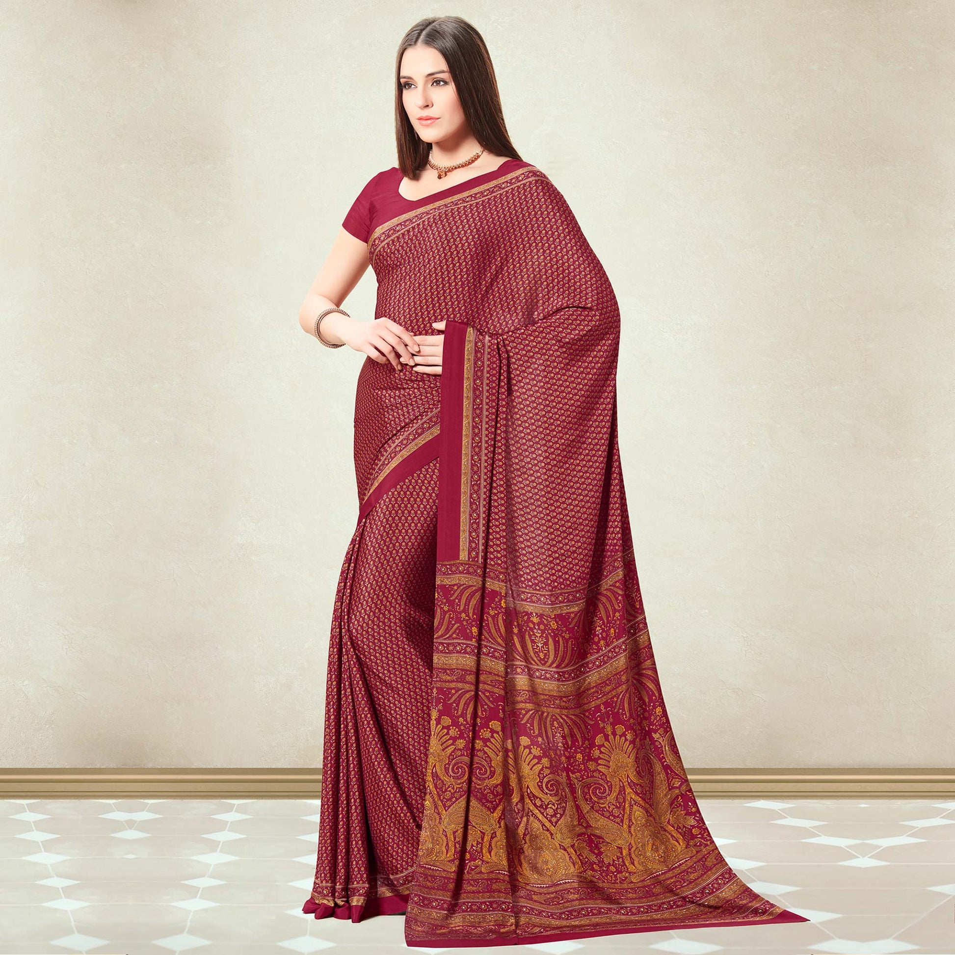 Maroon Floral Printed Crepe Silk Saree