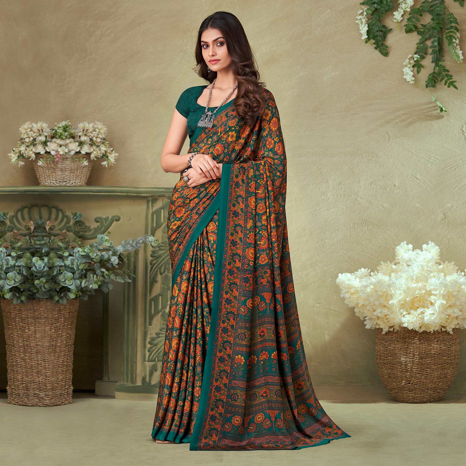 green-floral-printed-crepe-saree