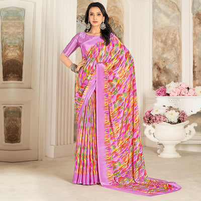 Light Magenta Geometric Printed Crepe Silk Saree