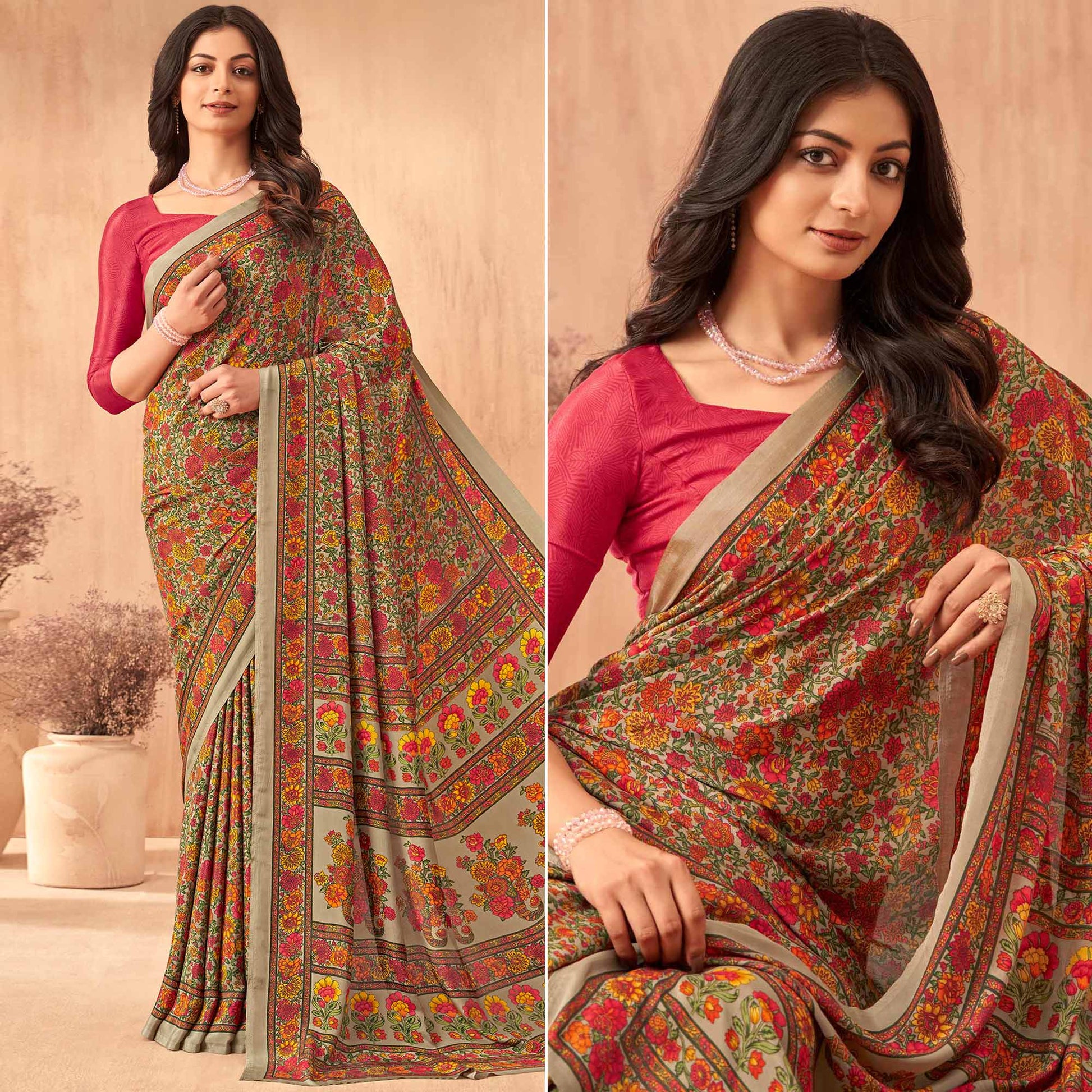 Multicolor Floral Printed Crepe Saree