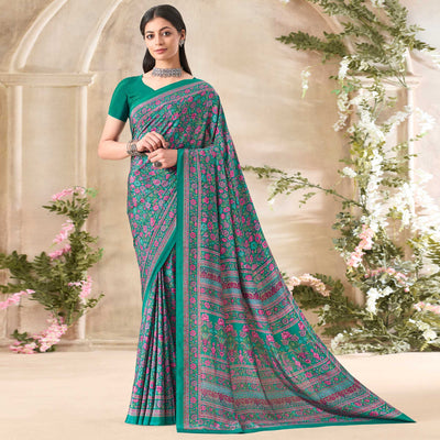 green-floral-printed-crepe-saree-4