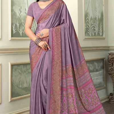 Mauve Floral Printed Crepe Silk Saree