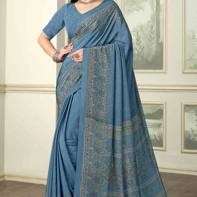 Bluish Grey Floral Printed Crepe Silk Saree